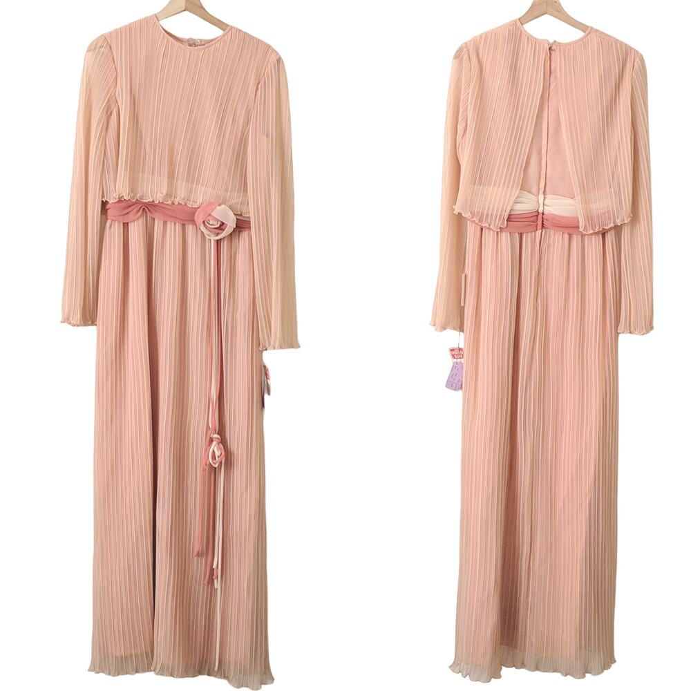 Vintage 1960's 60s 70s Dress Pink Chiffon Pleated Rose Rosette‎ Maxi 14 NEW NWT